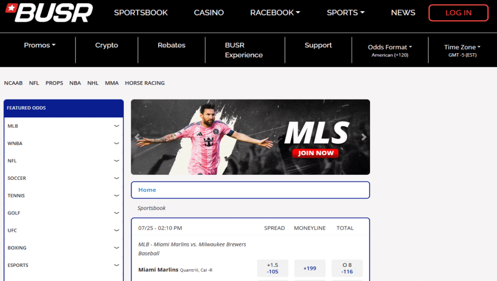 BUSR Georgia sportsbook homepage snapshot showing all betting categories