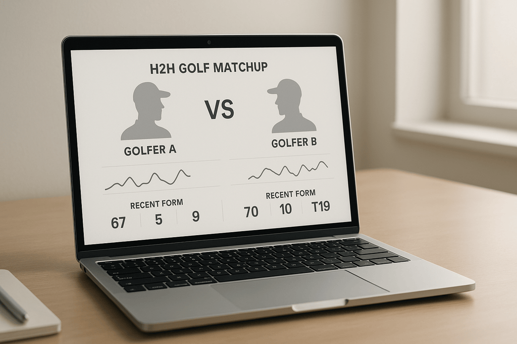 Laptop showing head-to-head golf betting matchup with form stats and odds on a modern online sportsbook interface.